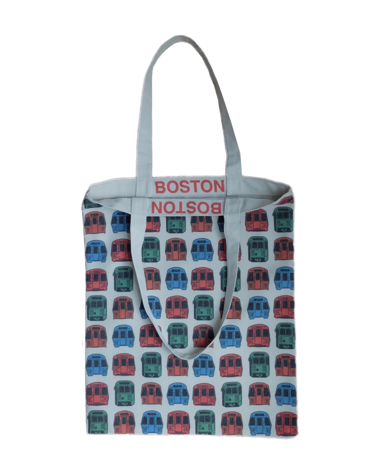 Canvas shopping tote bag with Boston MBTA subway trains pattern